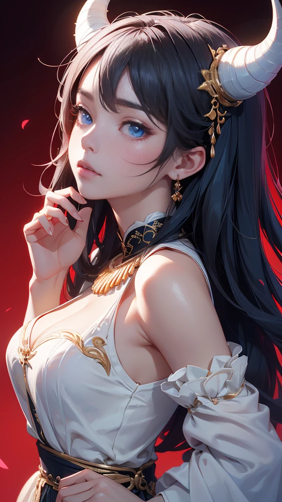 Beautiful big breastokeh),red background, Beautiful, gentle and charming goddess., Korea(kpop-idol), alone, necKlace, oval face, Double eyelids, Clever, good hand, Good feet, natural, (from below angle), (glossy skin:1.05), ((low angle)), perfect shape, (K, UHD, raw photos, best quality, Masterpiece:1.4), (realistic, photo-realistic:1.37), high resolutionพิเศษ, Photon mapping, ray, Physical rendering, Professional soft light, blue eyes, Black and white hair, Solo, high resolution, Animal horns, best quality, Masterpiece, หูยาวแหลม, สไตล์อนิเมะ, โชว์ฟันเขี้ยว / โชว์เขี้ยว, พื้นหลังเรียบง่าย, ออกแบบตัวละคร, ภาพมุมกว้าง,