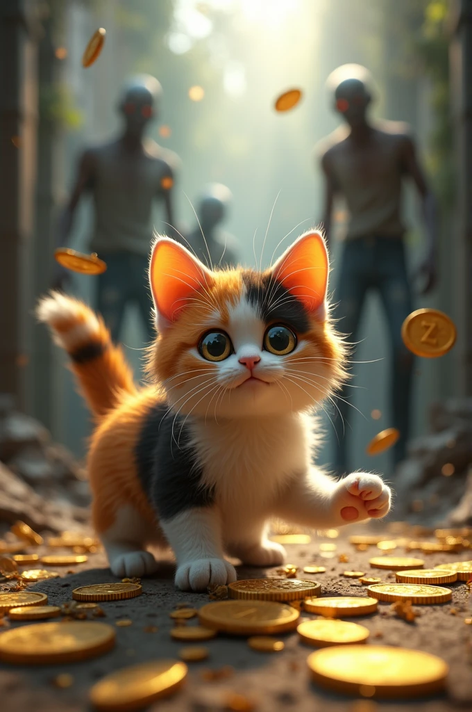 A calico longhair cat playing with gold coins lying around a zombie