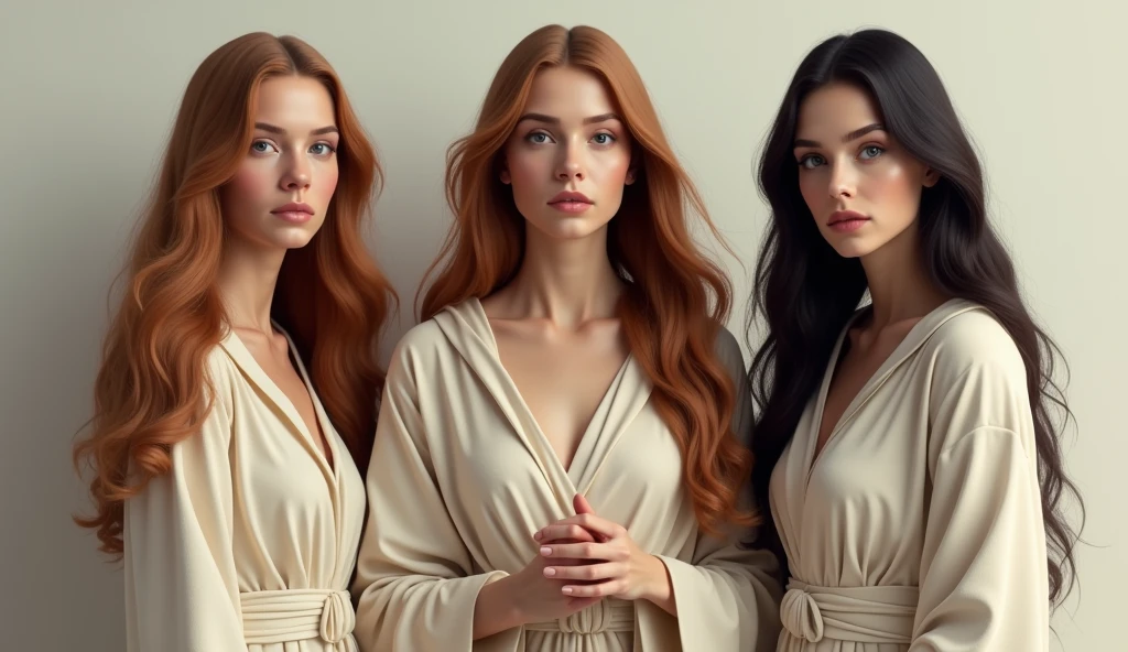 正面を向いて並んで立つ三人の女性のFull body image。On the left is the beautiful Mary Magdalene, aged 20、Beautiful Virgin Mary in the center、On the right is the beautiful Maria, 26 years old.。Full body image