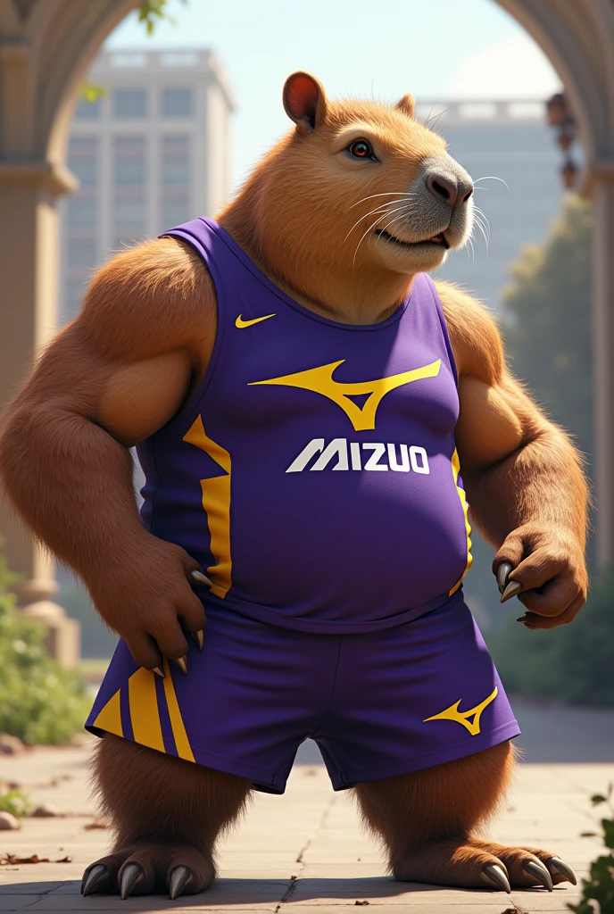 Here is the image of the muscular capybara dressed in Mizuno and Cyclone shorts, doing a degree in Viking X purple.