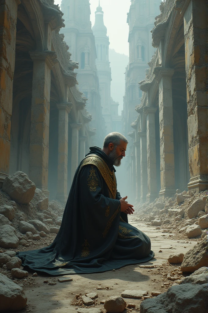 A priest praying in a ruined city