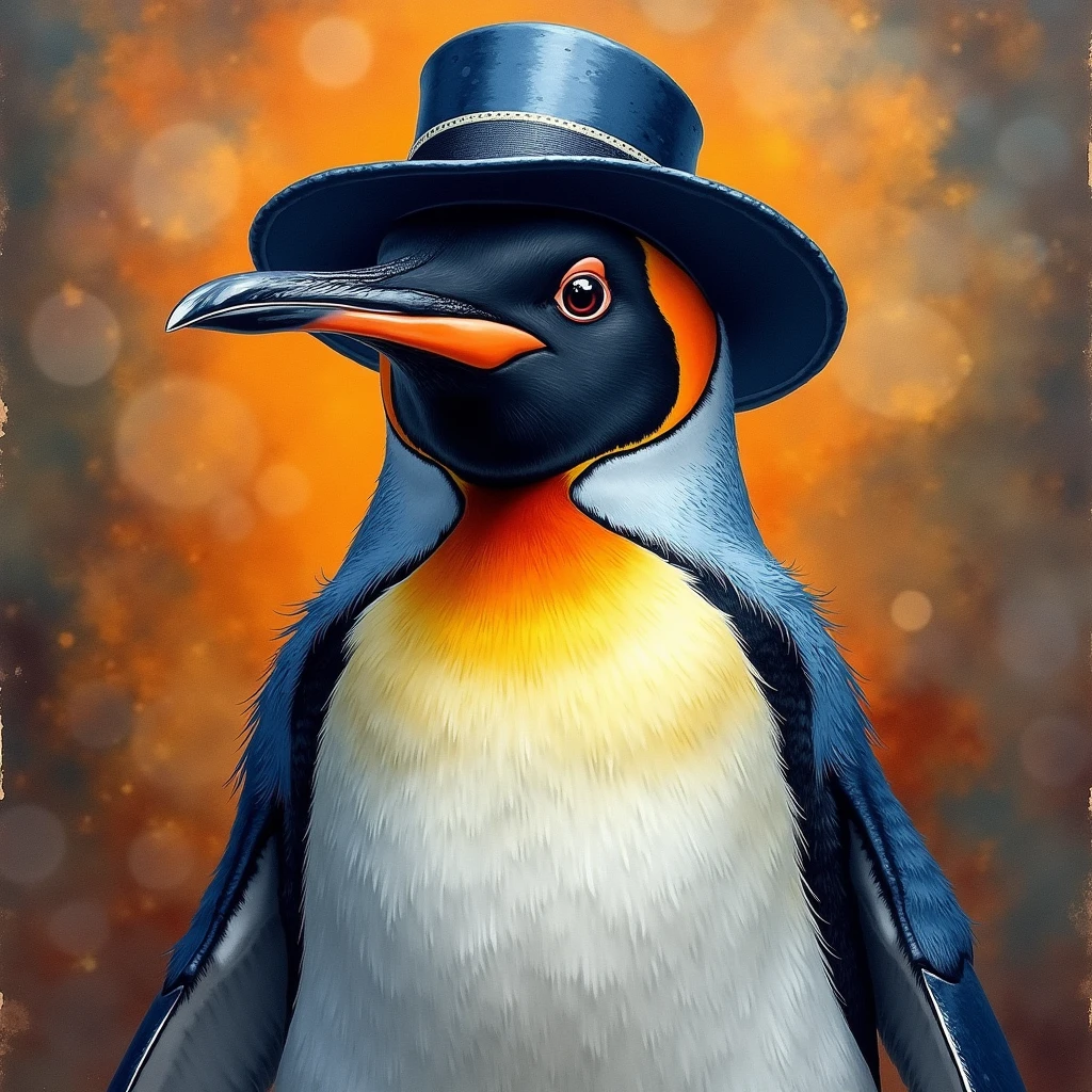 a penguin wearing a hat and Sapeurs outfit,highly detailed,hyper-realistic,3d,8k,wet on wet watercolor,vibrant colors,dramatic lighting,intricate textures,masterpiece,photorealistic,sharp focus,ultra-detailed,realistic,beautiful detailed eyes,beautiful detailed beak,extremely detailed feathers,seamless blend of mediums