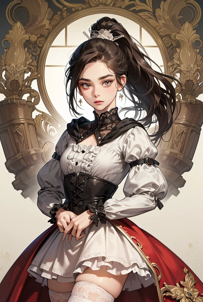  (((masterpiece, of the highest quality, super detailed))), (a witch belonging to an occult order of knights), (a knight crossed with a witch), extremely detailed cute anime face, intricate eyes,beautiful detailed eyes,symmetrical eyes,(((detailed face))),beautiful detailed lips, (((dark hair, long ponytail, thick ponytail, heavy ponytail))), (((Very sharp focused eyes))), ((small breasts)), very long eyelashes, occult aesthetic, (resolved expression), resolute expression), Victorian era inspired, ((minimal but intricate beautiful armour)), (Fluttering lace flared dress with frilly petticoats), ((Bloodbourne inspired)), (red and white clothing detailed and intricate steampunk and detailed gothic), (with a hood), thigh high flared lace stockings, complex lace boots, 