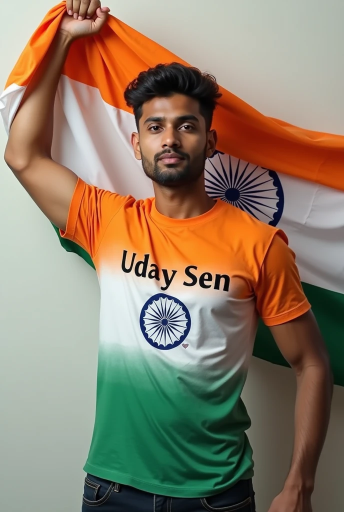 34 year old men , holding up a Indian flag, wearing a t shirt indian flag colour,write name on t shirt Uday Sen, with heart