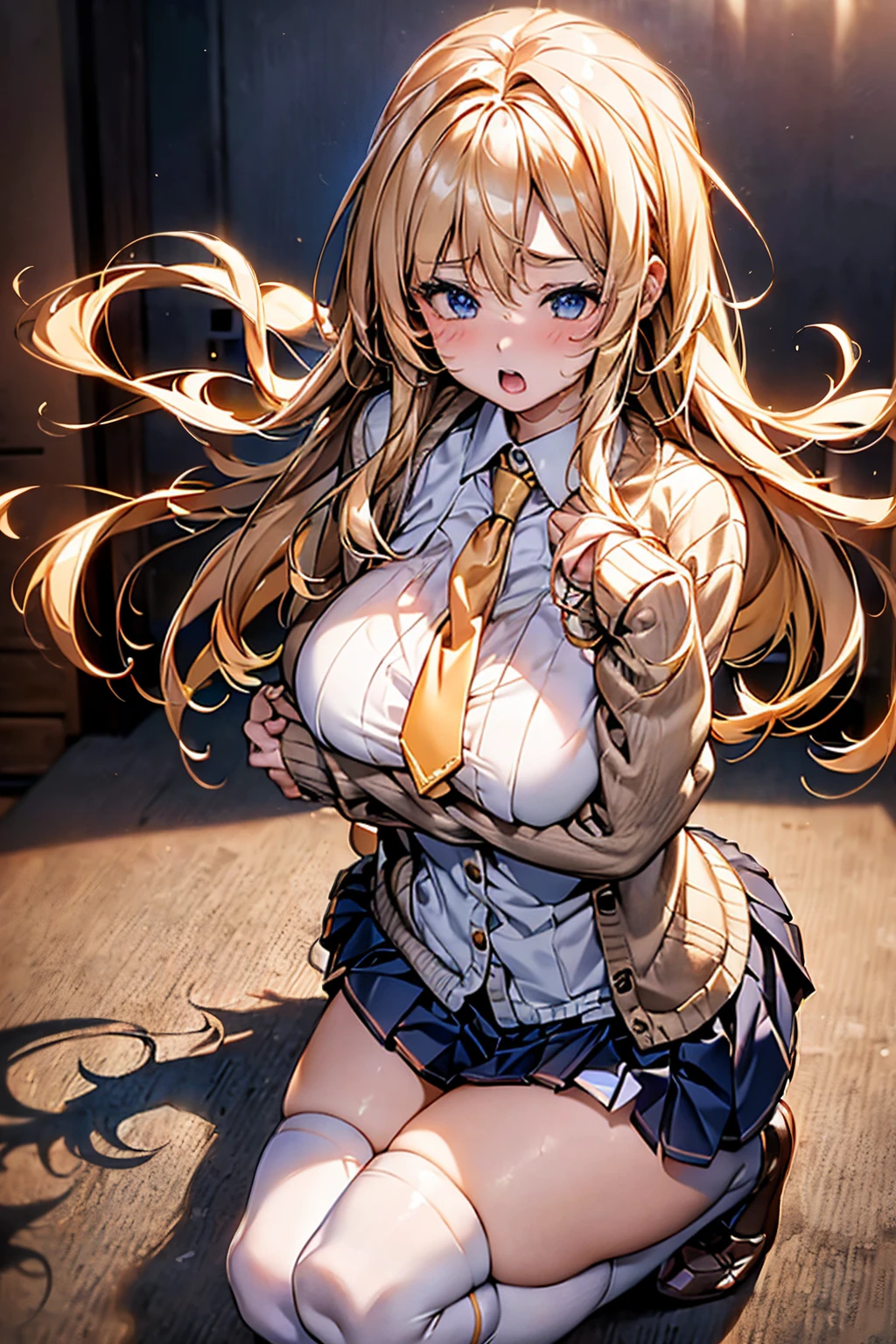 Browsing Caution,(Highest quality, 8k, masterpiece:1.3,beautiful girl), (Very detailed)Glowing Skin,(((Long Hair,blonde,Beautiful Hair))),(Perfect Anatomy, Anatomically correct, Very detailed肌),((Golden Eyes)),((Perfect Fingers,Five Fingers)),((Light blue collared shirt, Navy pleated mini skirt, socks, Navy tie, Light brown cardigan, White knee socks)),Pink Panties, Knee-high socks,Knee-high socks on both feet,Double teeth,Big Breasts,Big Ass,She is worried.、((Brow wrinkles)),Cross your arms in front of your chest