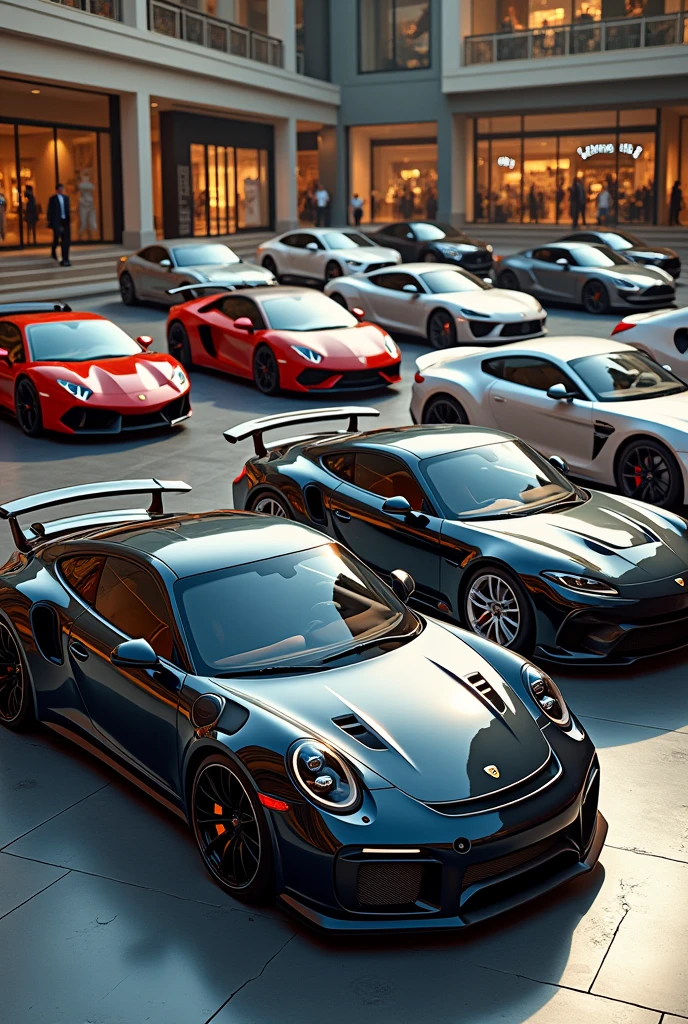 The car collection is making a splash in the Marlet shopping mall parking lot: Porsche 911 x5, Lamborghini Aventador x3, Rolls-Royce x3, Bentley x3, Maybach x2, AMG GT Mercedes x6.