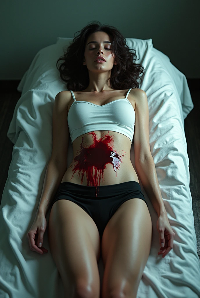 (photorealism:1.2), beautiful and hot brunette Woman, with beautiful chummy body and legs, big boobs, beautiful nose, thin face details, Pale skin, curly hair, dressing sexy clothes, white top and Black shorts, dead on The morgue Closed eyes, falled out with a gunshot and blood dripping of The body. ((Hiper realista)) ((Hiper detalhado)) ((4k Photo)) his body is covered by The white cloth 