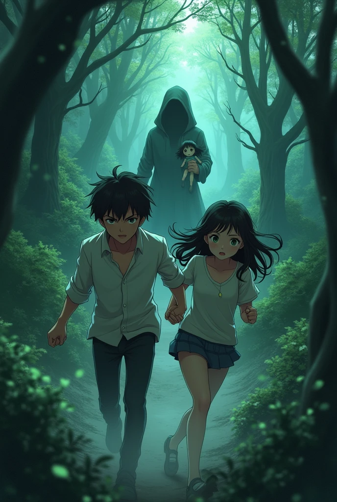 A handsome young man and a young woman wearing a pendant running with the background of a forest and shadowy man holding a girl doll. It should look like anime.