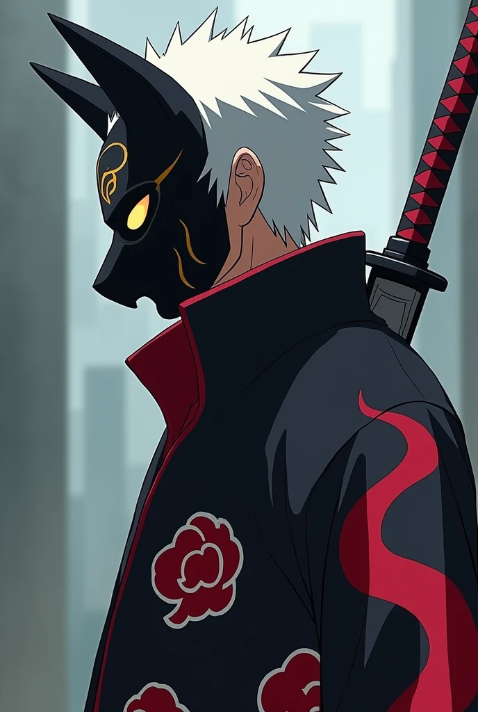 male anbu short white spiky hair sideview, wearing akasuki robe, with big sword at back. black full face cover fox mask with gold eye lining, anime 