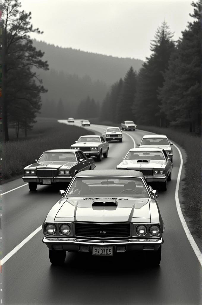 Old 1970 era cars black and white photos on road