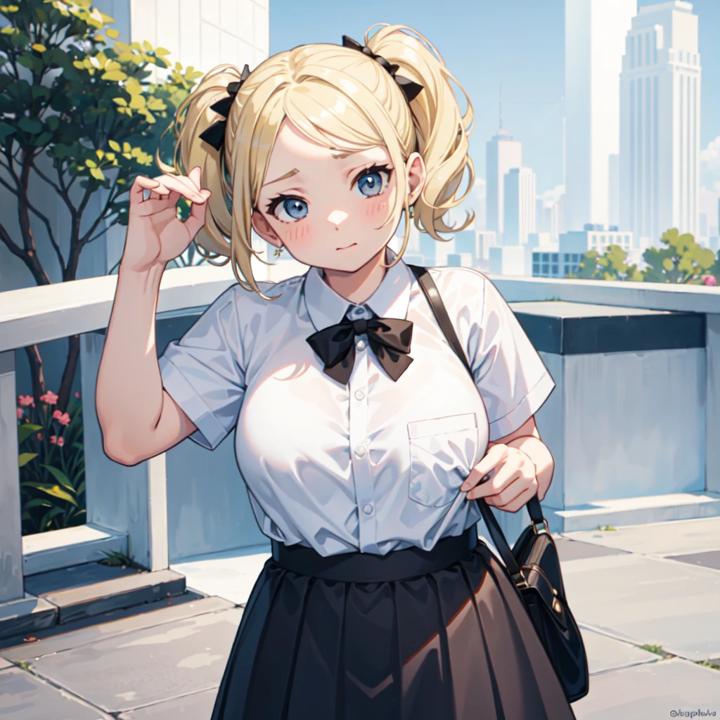 Extremely detailed, masterpiece, high resolution, short blonde hair, chubby, blushing, surpised, white shirt, black skirt