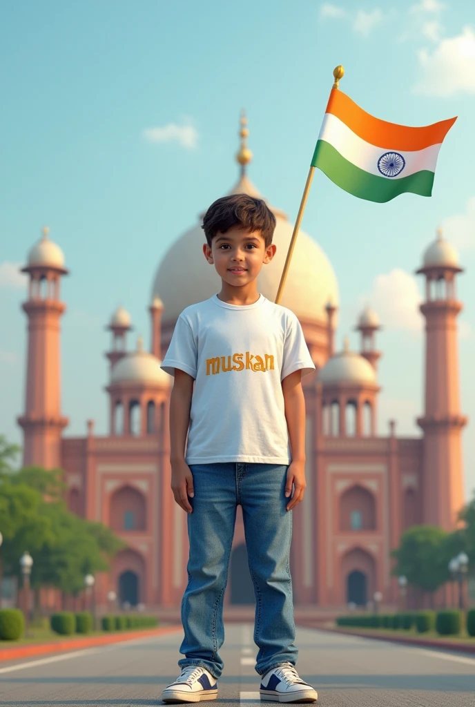 Generate a Realistic  girl , Wearing White T shirt blue jeans sneakers and the name    "muskan" is written on his t-shirt and the boy is standing on the road with holding a national flag of India, and behind him is the jama mosque Delhi. And written on sky "Independence Day" Create Realistic image high quality