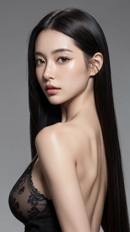 （（Surreal、Super detailed image, maybe a photo.，Captures the details of the skin texture of an incredibly beautiful woman.））long straight black hair。character sheet.