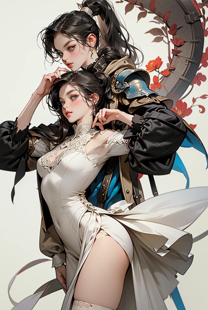 (((masterpiece, of the highest quality, super detailed))), (a witch belonging to an occult order of knights), (a knight crossed with a witch), extremely detailed cute anime face, intricate eyes,beautiful detailed eyes,symmetrical eyes,(((detailed face))),beautiful detailed lips, (((dark hair, long ponytail, thick ponytail, heavy ponytail))), (((Very sharp focused eyes))), ((small breasts)), very long eyelashes, occult aesthetic, (resolved expression), resolute expression), Victorian era inspired, ((minimal but intricate beautiful armour)), (Fluttering lace flared dress with frilly petticoats), ((Bloodbourne inspired)), (red and white clothing detailed and intricate steampunk and detailed gothic), (with a hood), thigh high flared lace stockings, complex lace boots,