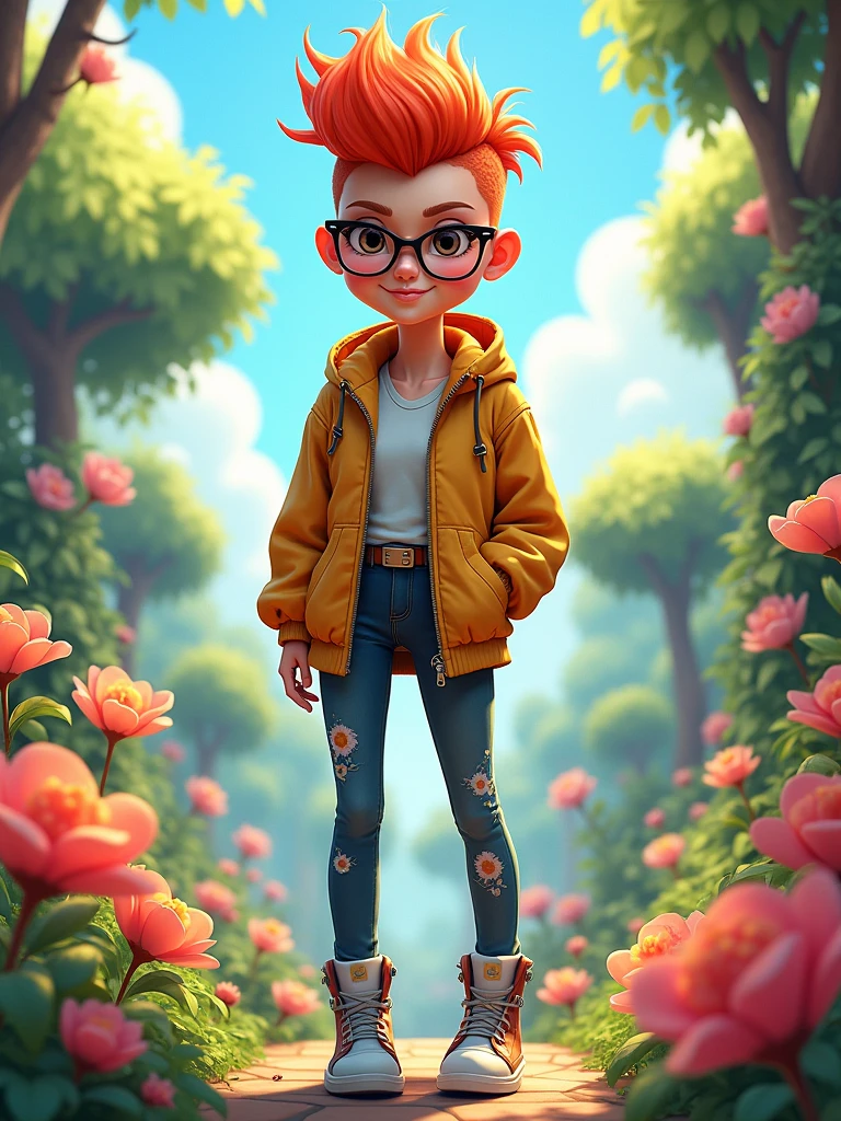 , full body pictures, 1 girl, mohawk haircut, wearing glasses, wearing  beautiful fashionable casual clothes, Carly hair, in a garden of flowers, cartoon version, Disney version, fantasy, anime version