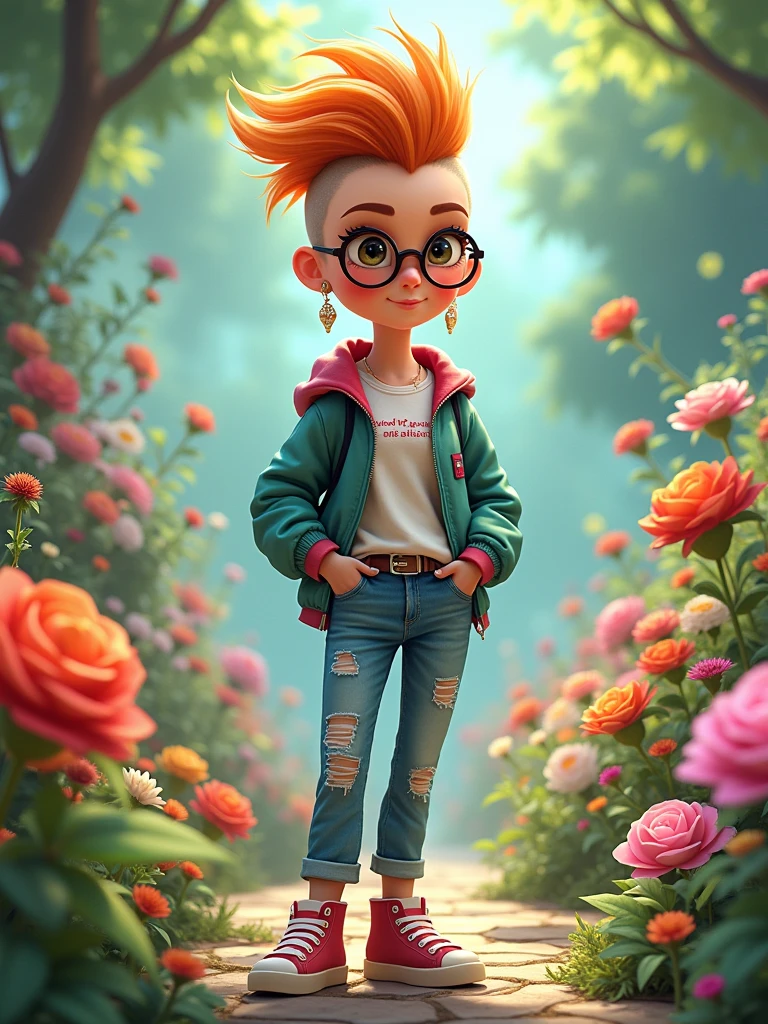 , full body pictures, 1 girl, mohawk haircut, wearing glasses, wearing  beautiful fashionable casual clothes, Carly hair, in a garden of flowers, cartoon version, Disney version, fantasy, anime version