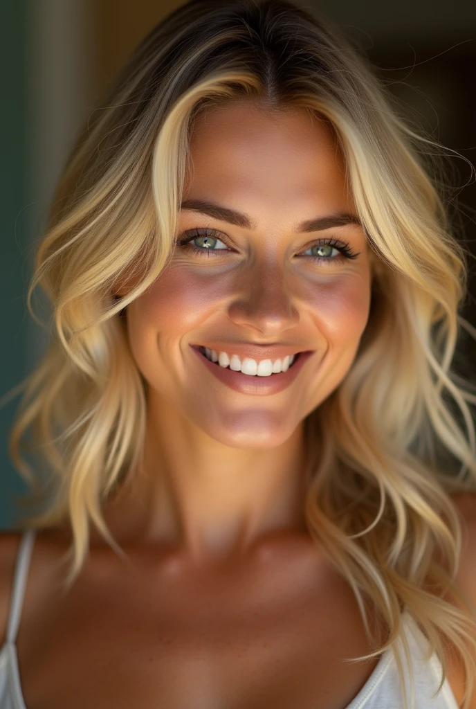 Blonde woman with lighter highlights, hot woman, beautiful brazilian woman in her 30s, face only, cinematic light, smiling, flirts with the camera, 
