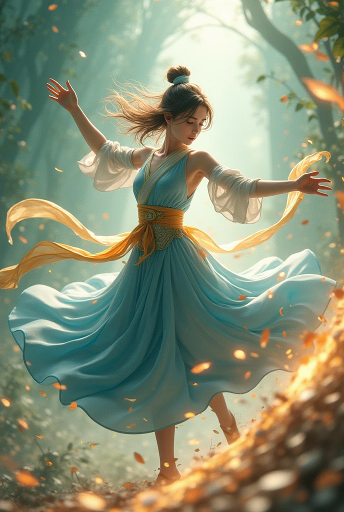masterpiece, best quality, Practical, (1 girl: 1.3), blue gold white clothes, Shoulder-length hair, Jump, Leap, dance, Green, gold and white clothes, Long skirt, Long scarf, flow, Light Armor, Snow-white skin, Bare shoulders, whole body, (From below:1.5), Martial Arts, dynamics, flame, particle