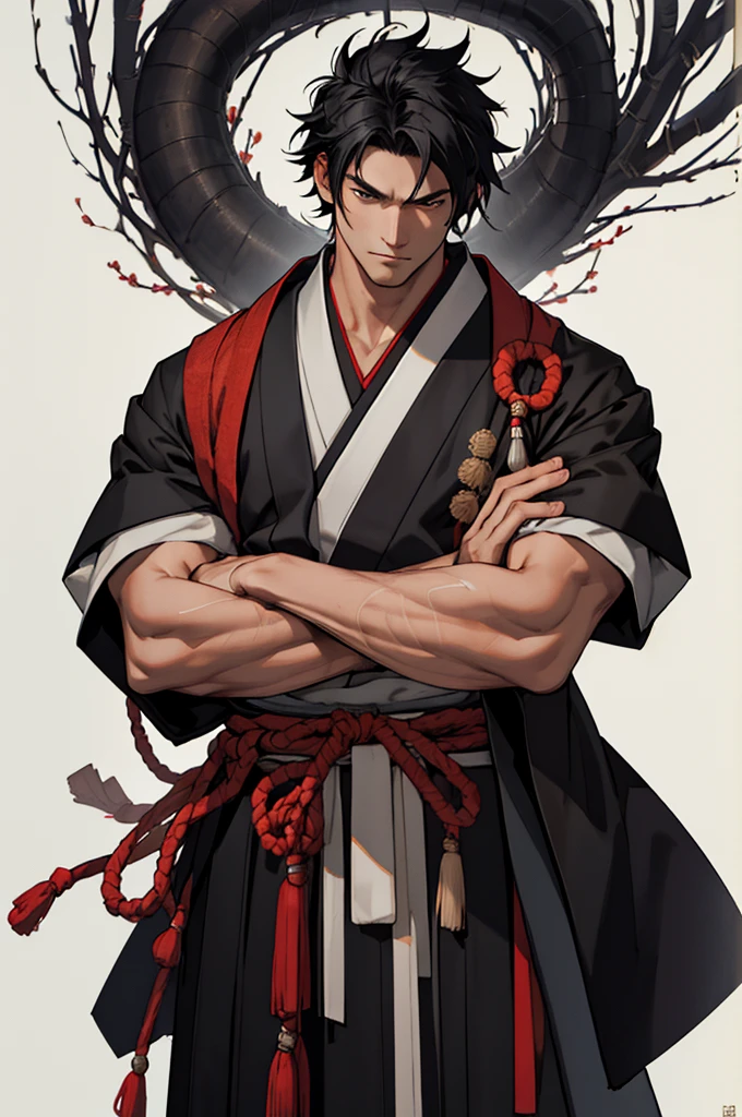 male,30th Generation,High resolution, masterpiece, Anatomically correct, Solemn, Character portrait, Japanese clothing,Arms crossed,Black Hair,