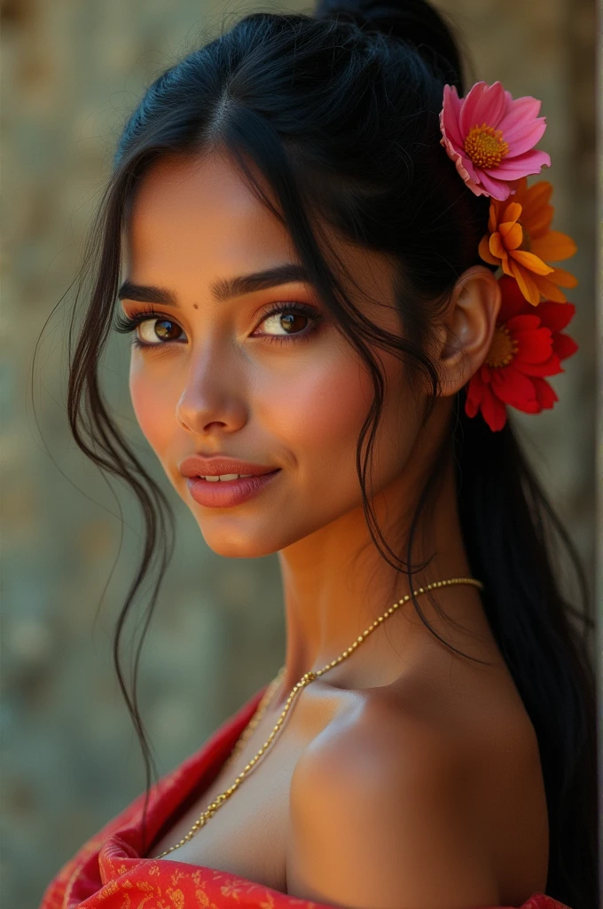 sexy indian girl with ponytail with flowers in ponytail