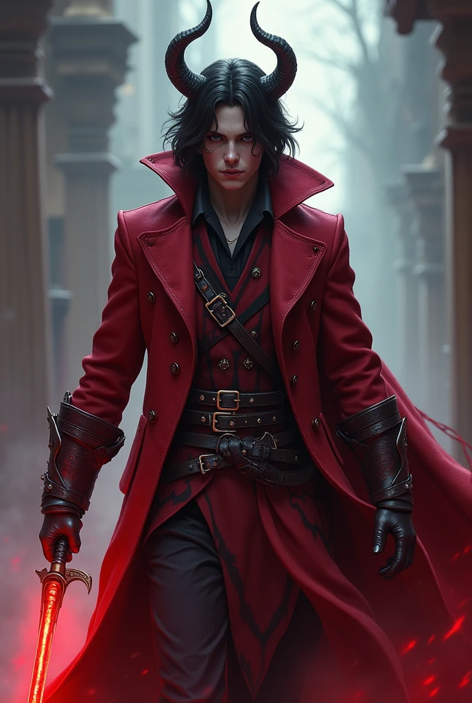 Young male red mage, wearing long victorian coat with leather belts and a three horned hat, mid long dark hair, long red glowing rapier, flat horns sprouting from the sides of the cheeks pointing to the sides, dueling pose