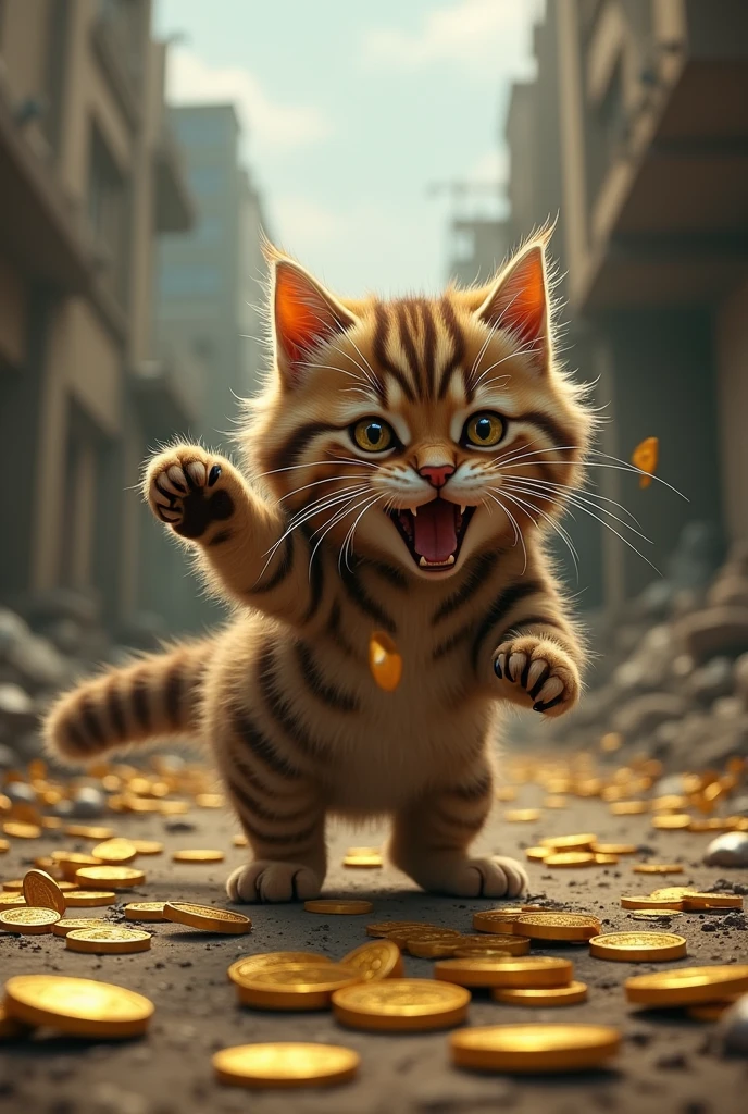 A long-haired brown tabby cat playing with gold coins scattered around a zombie