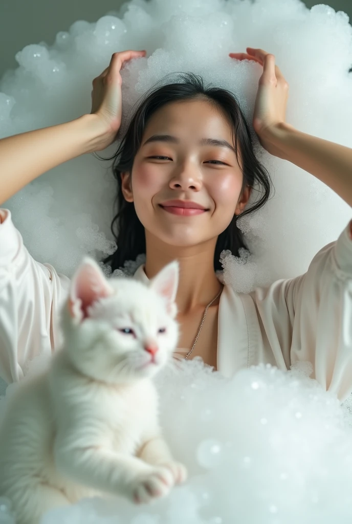Create an Asian beauty with long hair,Regular facial features,Wearing a white satin bathrobe,Washing hair with both hands above the head,A cute white kitten next to it plays with the foam,Real bubbles,Foam envelops the beauty's entire head,Beautiful girl opens her eyes,The expression is happy,Upper Body,The characters are realistic and realistic,Bathroom Background,Character front position,9:16 frames,Ultra-high-definition picture quality