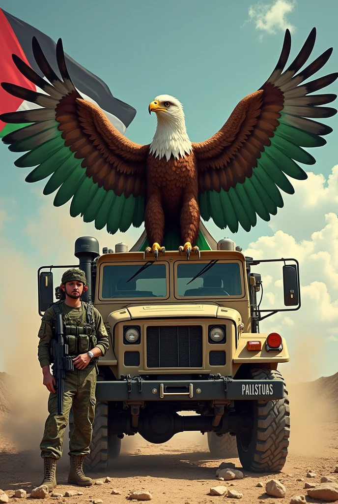 Palestine flag on eagle on truck with soldier 
