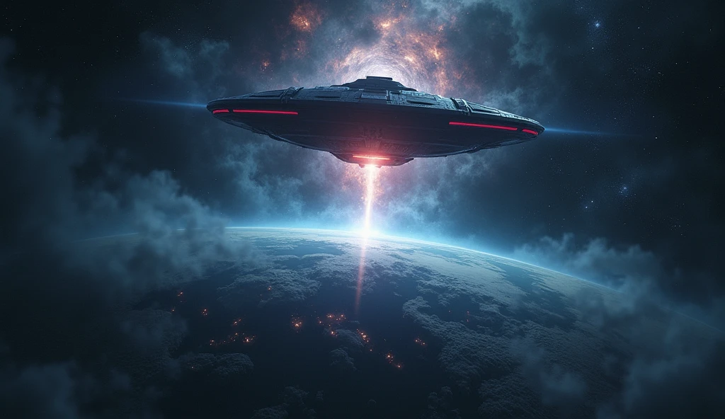A vast cosmic environment with an advanced alien spaceship or celestial beings hovering ominously above Earth. The Earth appears vulnerable, with darkened regions and shadows indicating impending danger. The galactic beings or spaceship emit an eerie, powerful glow, surrounded by swirling cosmic energy, stars, and distant galaxies. The color palette is dark and intense, with deep blues, blacks, and flashes of red or purple, creating an atmosphere of foreboding and urgency.
