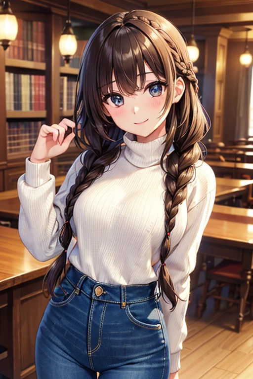 
最high quality、High resolution, masterpiece, high quality, 最high quality, beautiful, Perfect lighting, very cute,
 alone, ((Tight turtleneck rib knit))((Denim pants)), ,
  ((Mid-chest)), Wide Hips,  blush, smile, View your audience, , library, Place your arms behind your back,

Yuno Shimazu、Shiny brown hair,Long Hair,  Hair that falls over the shoulders、(( Braid、	,)),Beautiful brown eyes、Sparkling eyes, Fine grain、smile、Ultra-detailed eyes、Highly detailed face, Highly detailed eyes,Cowboy Shot、