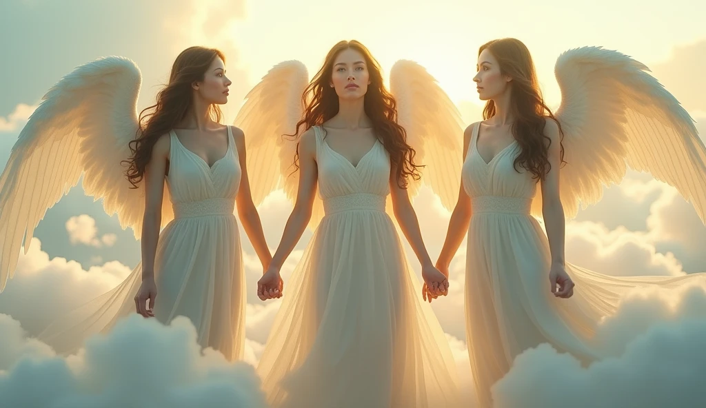 A full body image of three beautiful angels standing in a row facing forward.。
