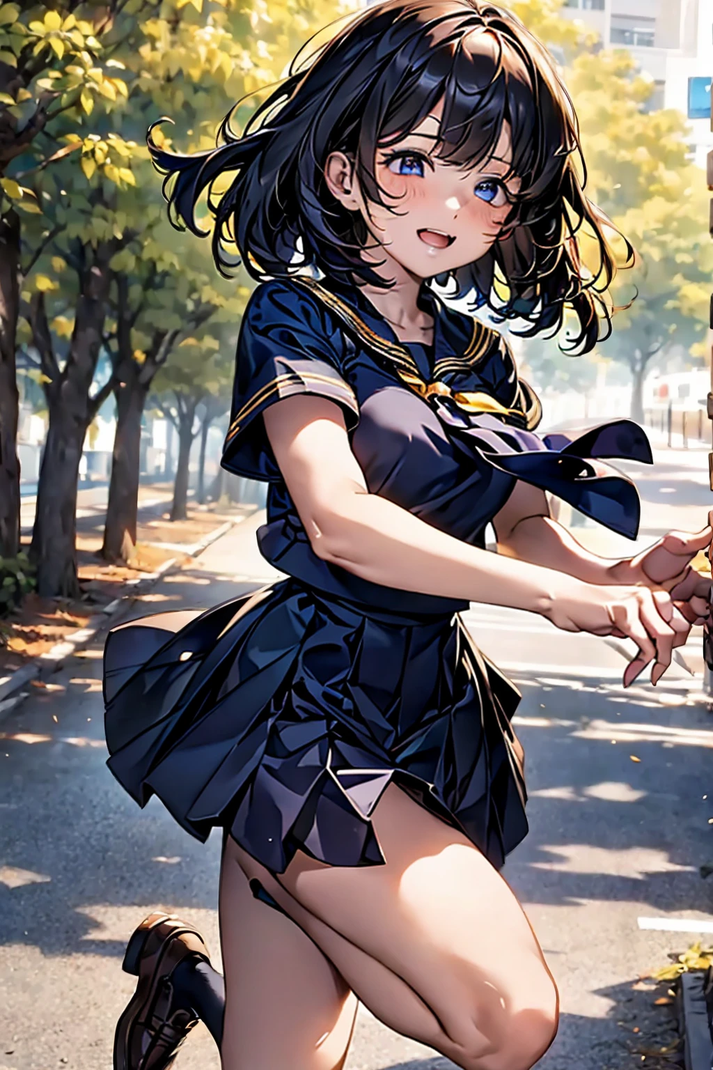 Browsing Caution,​(Highest quality, 8k, masterpiece:1.3,beautiful girl), (Very detailed)Glowing Skin,(((Woman 1))),((Short sleeve, cute navy sailor suit, Navy Pleated Skirt, Navy sailor collar, Blue Sailor Scarf, socks, Brown Loafers)), (Perfect Anatomy, Anatomically correct, Very detailed肌),((Golden Eyes)),((Perfect Fingers,Five Fingers)),((Black Hair,Bobcut,)),Natural Makeup,Smile in full bloom、cheeks turn a little red,morning、Tree-lined street、front、She's running、Solo Focus