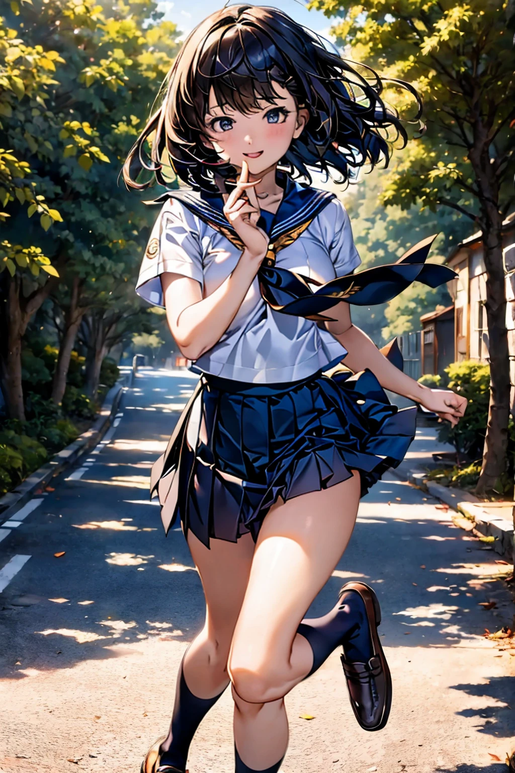 Browsing Caution,(Highest quality, 8k, masterpiece:1.3,beautiful girl), (Very detailed)Glowing Skin,(((Woman 1))),((Short sleeve, cute navy sailor suit, Navy Pleated Skirt, Navy sailor collar, Blue Sailor Scarf, socks, Brown Loafers)), (Perfect Anatomy, Anatomically correct, Very detailed肌),((Golden Eyes)),((Perfect Fingers,Five Fingers)),((Black Hair,Bobcut,)),Natural Makeup,Smile in full bloom、cheeks turn a little red,morning、Tree-lined street、front、She's running、Solo Focus