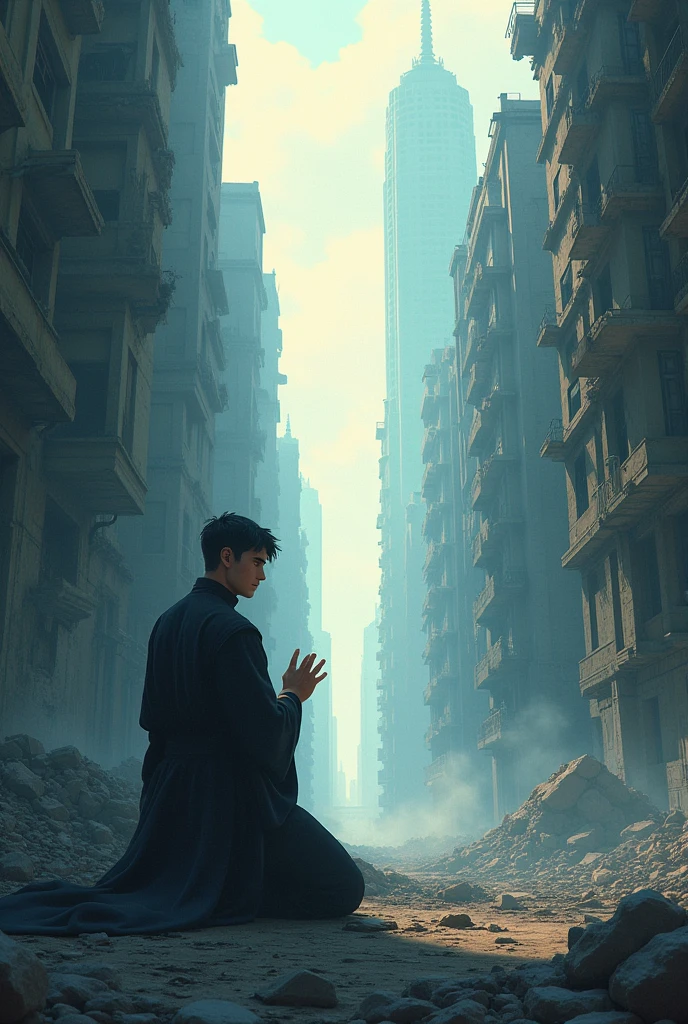 A priest praying in a ruined city　A 28-year-old young man
Muscular　Anime Style