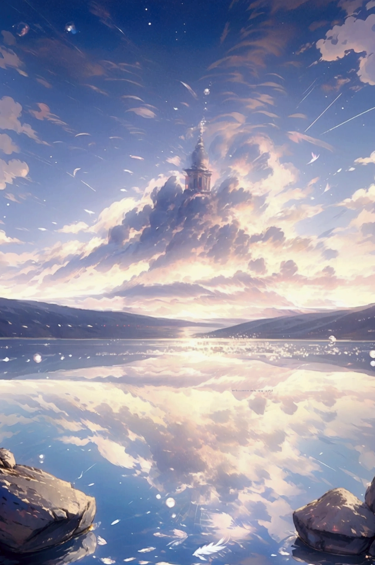 ((Starry Sky))、((Multiple Bubbles))、((View only))、((Feathers scatter))、((There is a lake and rocks))