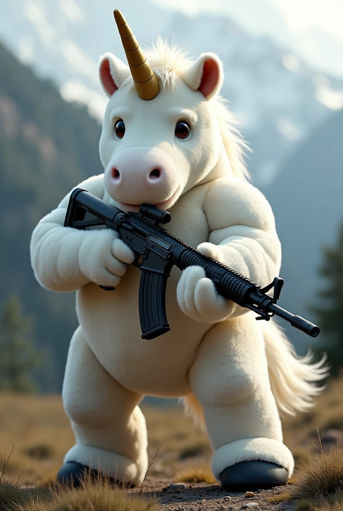 Muscular plush unicorn with a rifle



