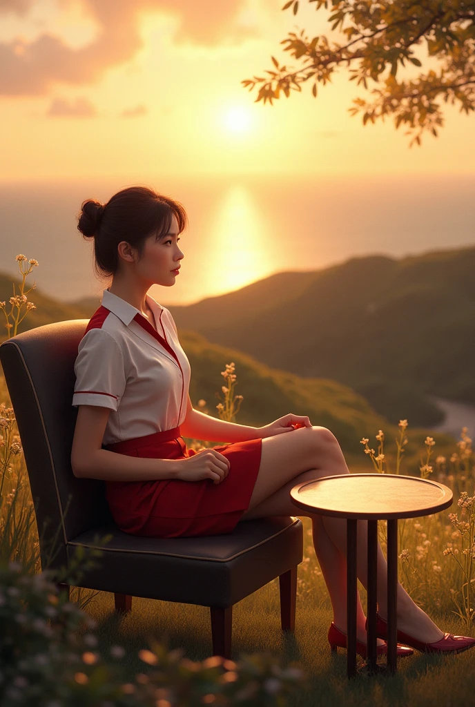 A woman sitting on chair, hills, stewardess uniform, beautiful, sunset, open sea, one small round table, crossed legs, 