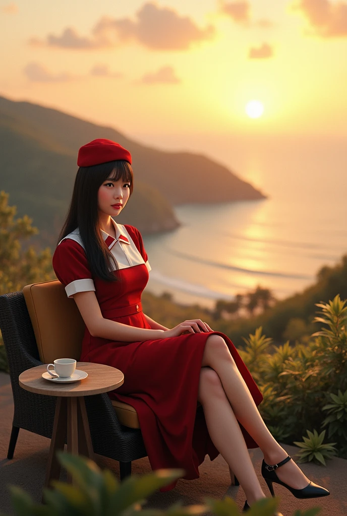 A woman sitting on chair, hills, stewardess uniform, beautiful, sunset, open sea, one small round table, crossed legs,