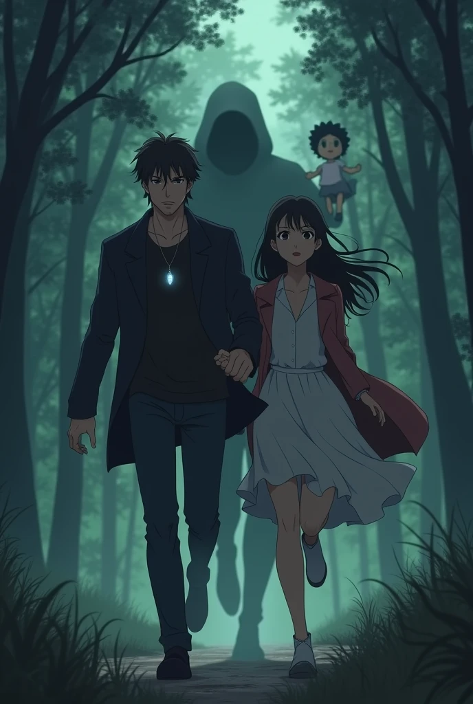 A handsome  man and a woman wearing a pendant running with the background of a forest and shadowy man holding a girl doll. It should look like anime.
