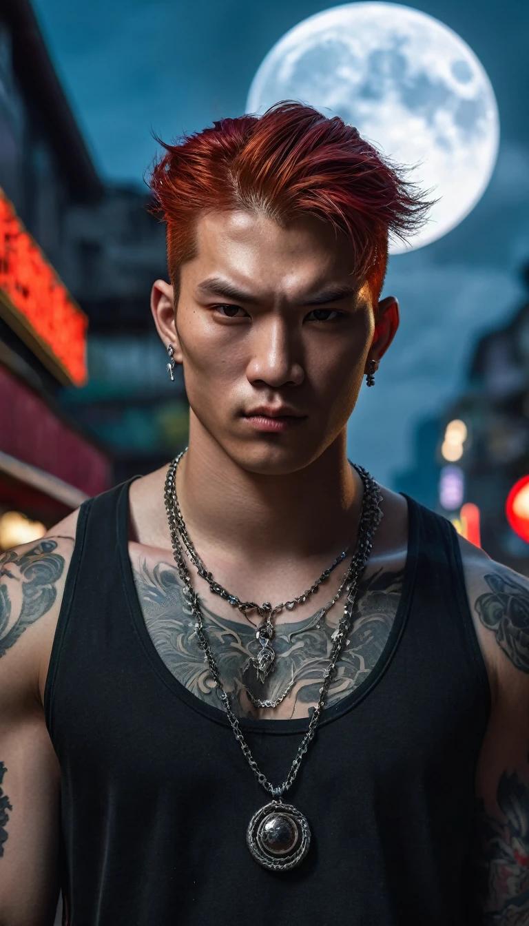 ((Half-body)), male vampire, half human, half beast, extremely handsome, (((red hair))),15 years old, muscular, tattooed, wearing a necklace, high ponytail, gangster style, romantic, Hong Kong cinema. Eyes filled with sadness and longing. Cinematic light, high detail, 8k, artstation, artistic concept, any virtual darkness. Photo taken with Canon EOS R5 85mm f/11 camera, ((sharp)) mode. Image quality ((8K)), ((realistic)), ((masterpiece)), ((sharpest and highest contrast)), ((excellent depth of field)), ((stereoscopic light)), detailed pore defect, ((looking straight at the camera)).
The background is a bright moonlit sky, the moon is round, big, strangely bright, the sky is cloudy, creating a ghostly feeling. The trees look like ancient trees, covered in dew, covered with moss and rotting.