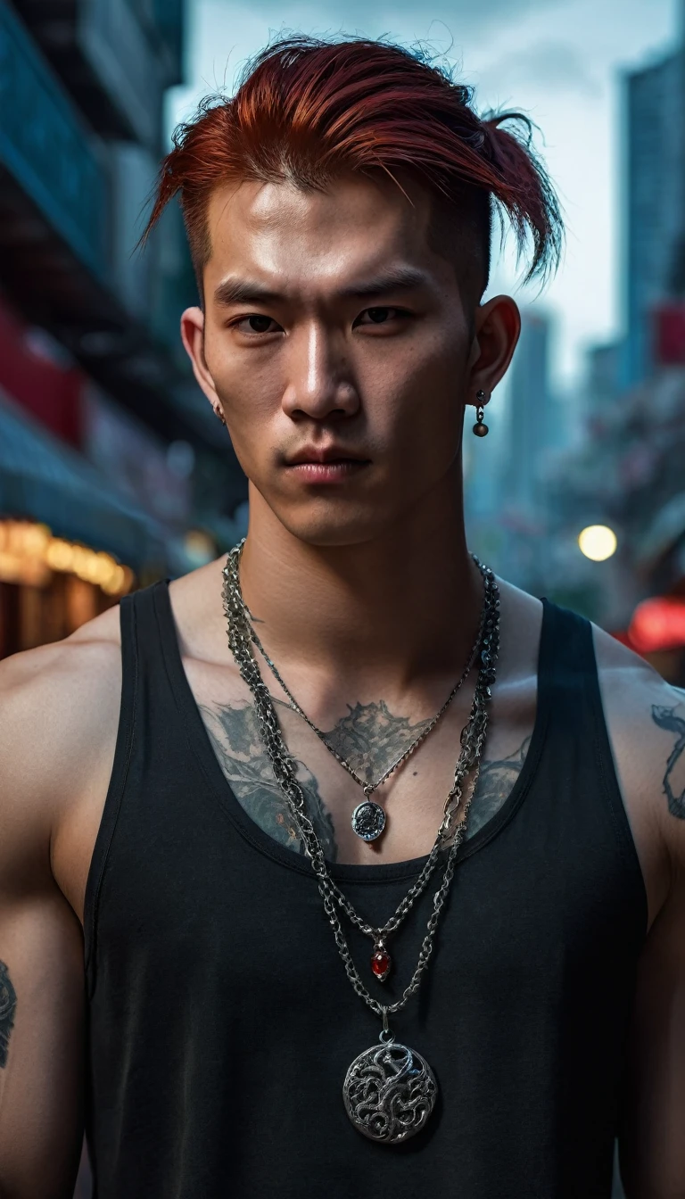 ((Half-body)), male vampire, half human, half beast, extremely handsome, (((red hair))),15 years old, muscular, tattooed, wearing a necklace, high ponytail, gangster style, romantic, Hong Kong cinema. Eyes filled with sadness and longing. Cinematic light, high detail, 8k, artstation, artistic concept, any virtual darkness. Photo taken with Canon EOS R5 85mm f/11 camera, ((sharp)) mode. Image quality ((8K)), ((realistic)), ((masterpiece)), ((sharpest and highest contrast)), ((excellent depth of field)), ((stereoscopic light)), detailed pore defect, ((looking straight at the camera)).
The background is a bright moonlit sky, the moon is round, big, strangely bright, the sky is cloudy, creating a ghostly feeling. The trees look like ancient trees, covered in dew, covered with moss and rotting.