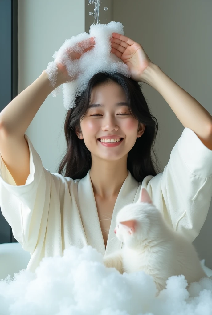 Create an Asian beauty with long hair，Regular facial features，Wearing a white satin bathrobe，Washing hair with both hands above the head，A cute white kitten next to it plays with the foam，Real bubbles，The foam enveloped the beauty's entire hair.，Beautiful girl opens her eyes，The expression is happy，Upper Body，The characters are realistic and realistic，Bathroom Background，Character front position，9:16 frames，Ultra-high-definition picture quality