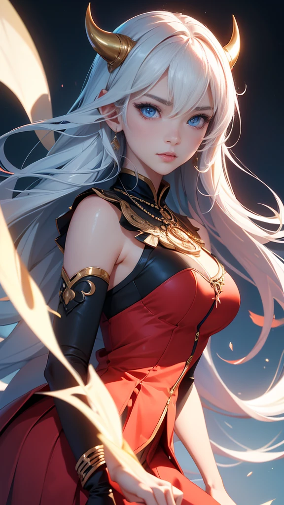 Beautiful big breastokeh),red background, Beautiful, gentle and charming goddess., Korea(kpop-idol), alone, necKlace, oval face, Double eyelids, Clever, good hand, Good feet, natural, (from below angle), (glossy skin:1.05), ((low angle)), perfect shape, (K, UHD, raw photos, best quality, Masterpiece:1.4), (realistic, photo-realistic:1.37), high resolutionพิเศษ, Photon mapping, ray, Physical rendering, Professional soft light, blue eyes, Black and white hair, Solo, high resolution, Animal horns, best quality, Masterpiece, หูยาวแหลม, สไตล์อนิเมะ, โชว์ฟันเขี้ยว / โชว์เขี้ยว, พื้นหลังเรียบง่าย, ออกแบบตัวละคร, ภาพมุมกว้าง,