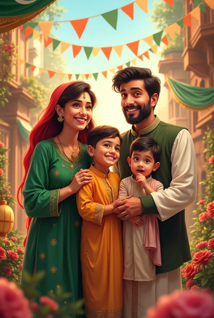 Happy independence day 14th august with a year old son a 3 year old son a 21 year old mother and 24 year old father celebration in Pakistan