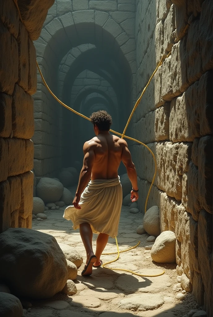 Theseus unraviling thread behind him while walking in a labyrinth