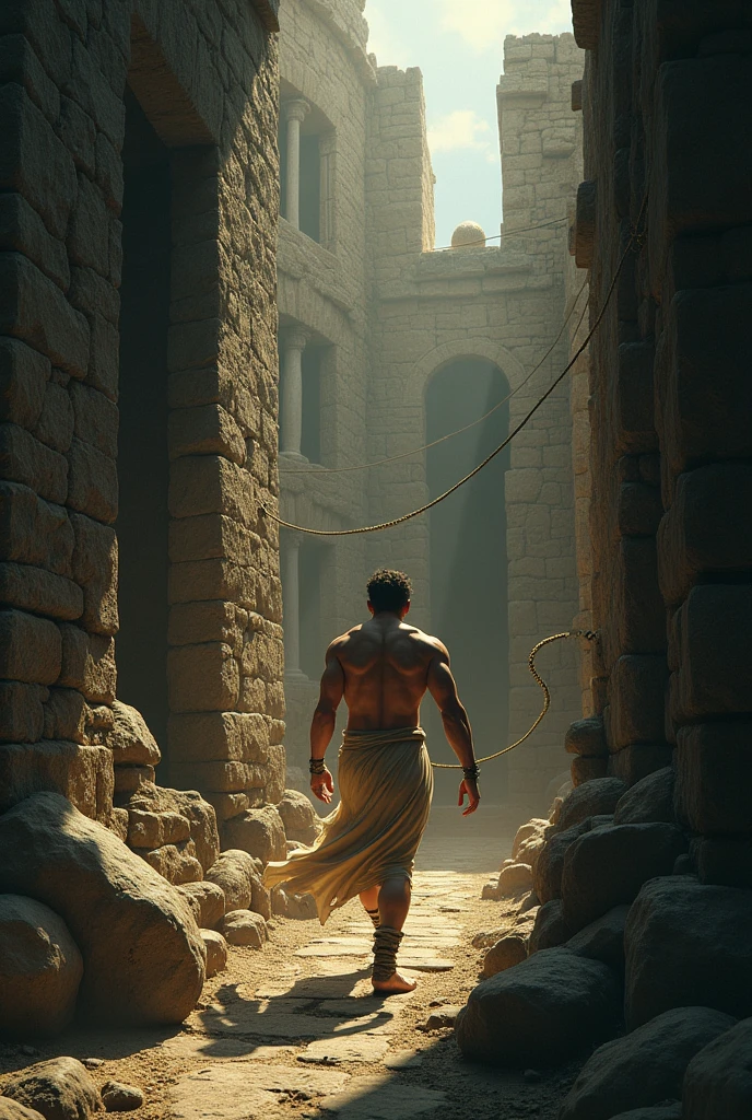 Theseus unraviling thread behind him while walking in a labyrinth