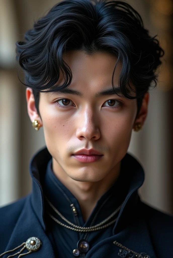 jaemin, front facing, twink, parted lips, (dark navy hair:1.2), dark navy prince regal outfit, (ultra realistic:1.2), (close up:1.2), (gothic european castle background:1.2), (intricate:1.2), (looking at viewer:1.2), male focus, 1male,