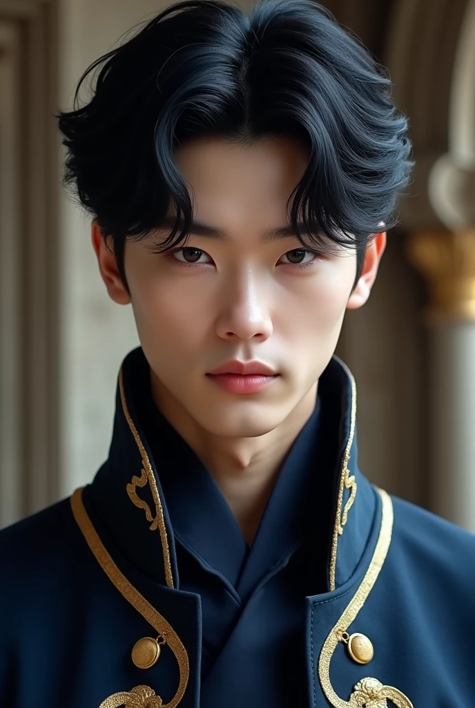 jaemin, front facing, twink, parted lips, (dark navy hair:1.2), dark navy prince regal outfit, (ultra realistic:1.2), (close up:1.2), (gothic european castle background:1.2), (intricate:1.2), (looking at viewer:1.2), male focus, 1male,