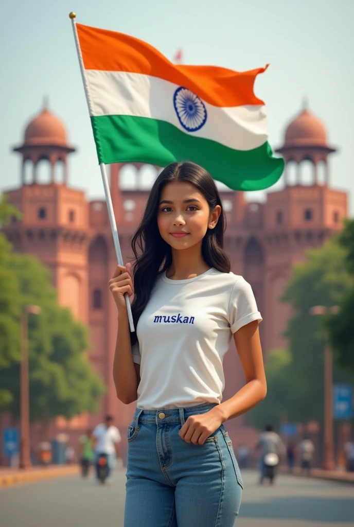 Generate a Realistic 18 years old girl , Wearing White T shirt blue jeans sneakers and the name "muskan " is written on his t-shirt and the boy is standing on the road with holding a national flag of India, and behind him is the Red Fort Delhi. And written on sky "Independence Day" Create Realistic image high quality