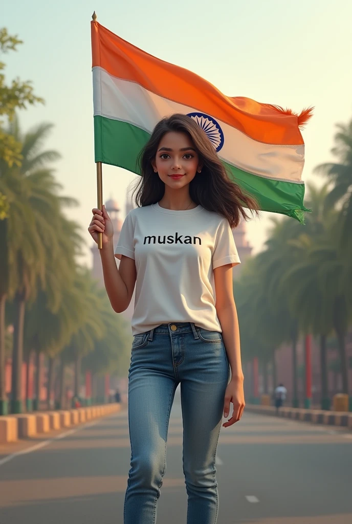 Generate a Realistic 18 years old girl , Wearing White T shirt blue jeans sneakers and the name "muskan " is written on his t-shirt and the boy is standing on the road with holding a national flag of India, and behind him is the Red Fort Delhi. And written on sky "Independence Day" Create Realistic image high quality